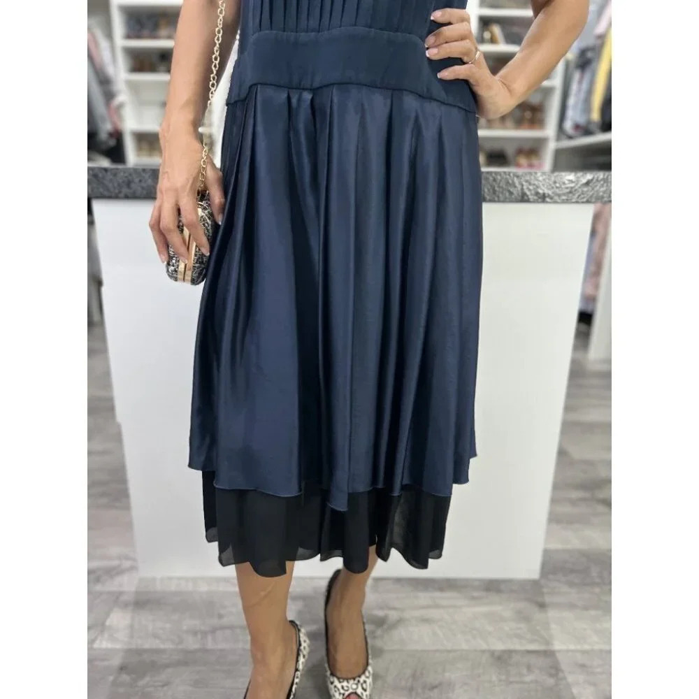 Victor Alfaro Navy Pleated Combo Midi Dress $2195 - Picture 5 of 15